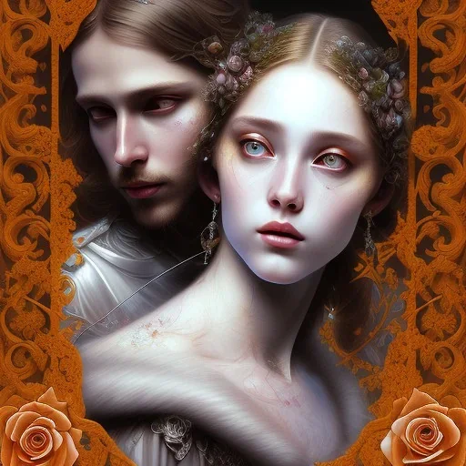 Romeo and Juliet. dramatic,romantic, muse of flowers, award winning, carne griffiths, portrait, intricate details, dynamic effects, white long hair, intricate eyes, detailed face, surreal hair, aristocratic clothes, professional ominous concept art, by artgerm and greg rutkowski, an intricate, elegant, highly detailed digital painting, concept art, smooth, sharp focus, illustration, in the style of simon stalenhag, wayne barlowe, and igor kieryluk.