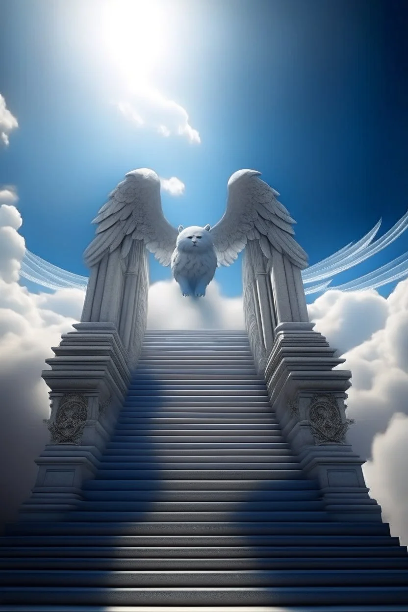 fluffy clouds, portrait of winged seal soaring like an angel through the clouds with a blessed smile, staircase with closed gates of heaven, 4 k, down light, depth of field, trending art, high detail