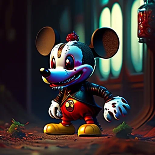 zombie mickey mouse hybrid, photorealism, movie screen capture, horror, sci-fi, evil, hungry, rotted