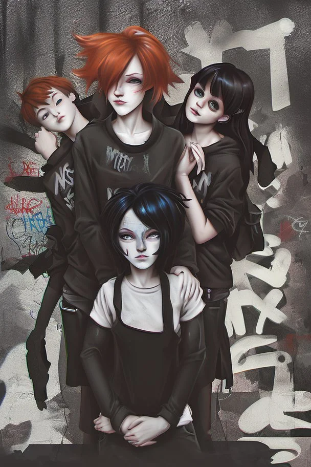 Act like a book cover designer. Use graffiti style. Three teenagers (13-15 years old) with a grimy black cat. Two boys- redhead, chubby, low, skinny, high, neutral emotion. The girl with black hair, strong make up, punk style clothes. In background white minivan with the driver in t-shirt and with mostauche. Enviroment: old town.