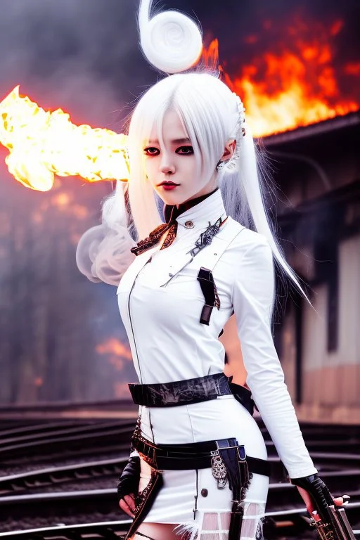 close-up gothic anime girl, white hair, tight outfit with gun on thigh, standing on a train track, smoke and fire surroundings, she is dull and dark, looks determined , train approaching behind her, poeti style