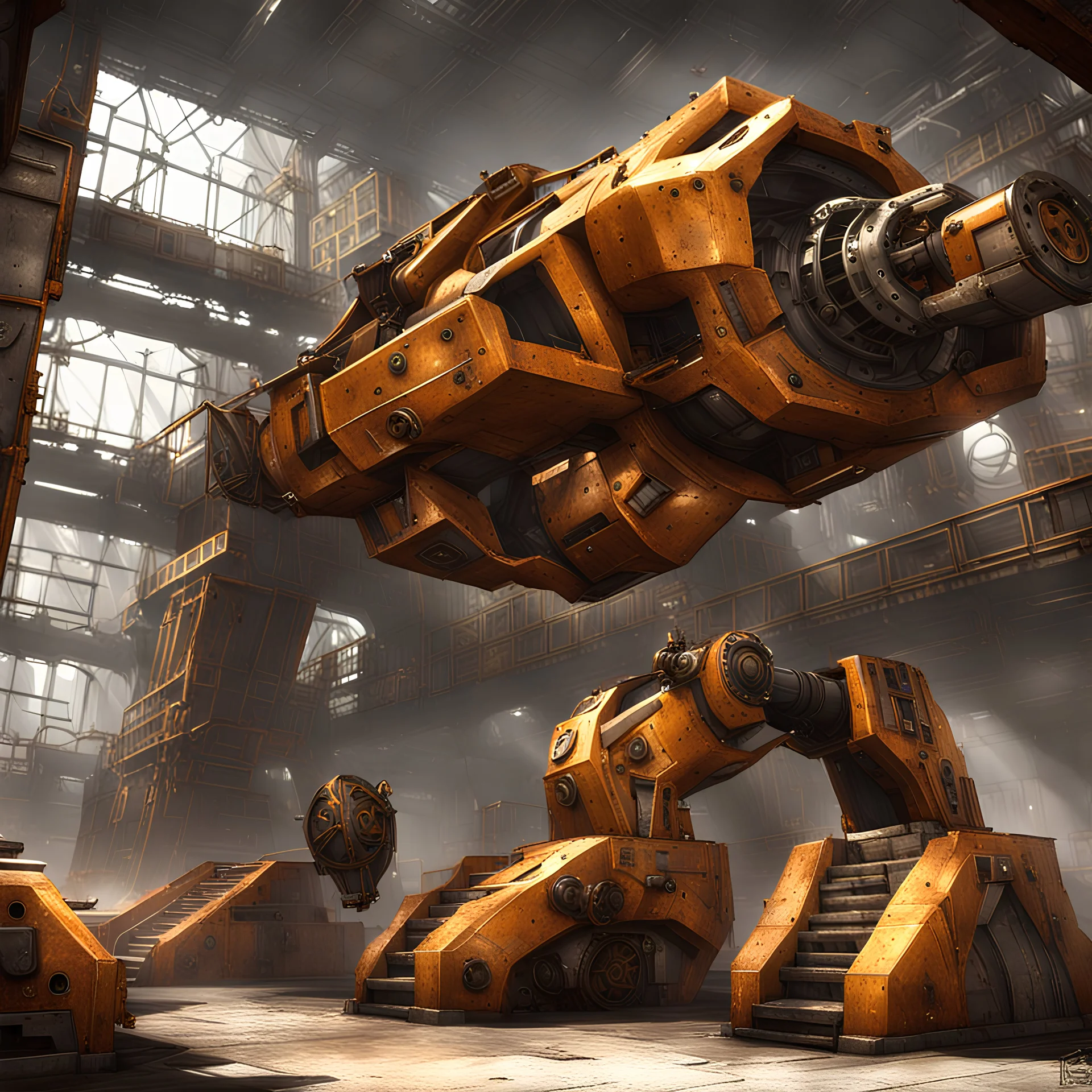 industrial scene with Grineer aesthetics, featuring rugged metallic structures, harsh lighting, and gritty textures. Incorporate Grineer symbols and color schemes, emphasizing the militaristic and mechanical aspects of their design. Include elements like heavy machinery, militarized drones, and distinctive Grineer architecture to capture the essence of the Grineer faction in Warframe.