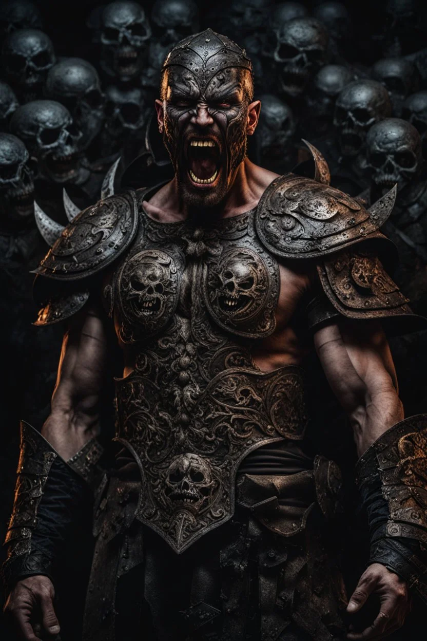 an insane warrior with his chest made of screaming faces. dark horror setting.