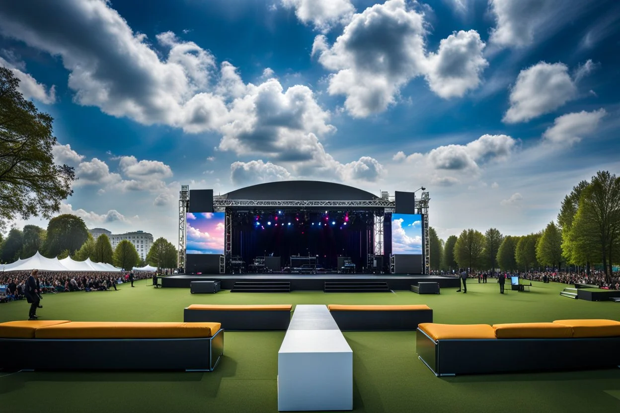 a big open disko stage in modern city in a very big square , at distance,blue sky pretty clouds ,night .