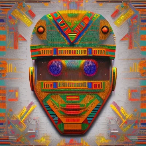 robot portrait in Kente, cinematic, ghana flag, african pattern symbols, engraved, 8k quality