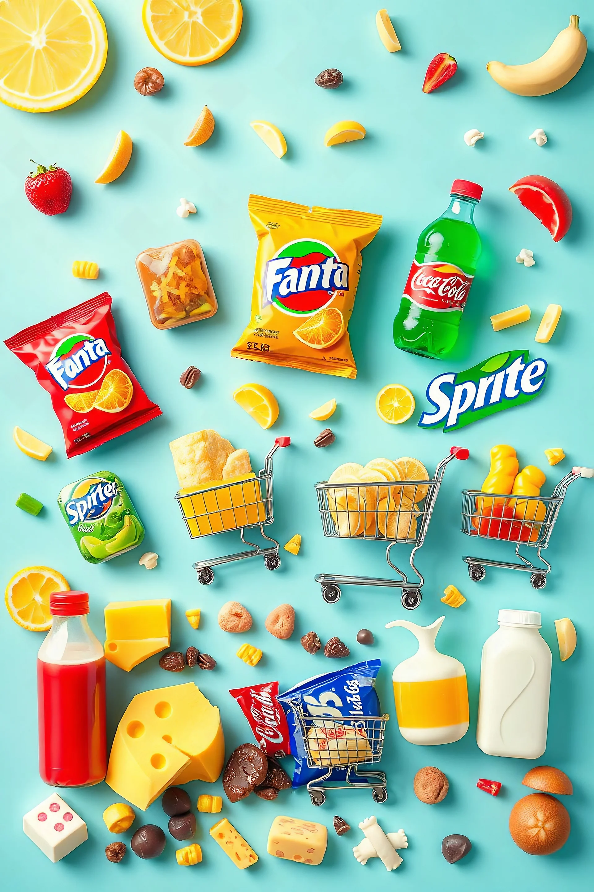 A design filled with various fruit juices, chips, Fanta, Coca-Cola, Sprite, various chocolates, shopping carts, cheese, butter, pasteurized milk, and dairy products in bright, cheerful, and eye-catching colors.