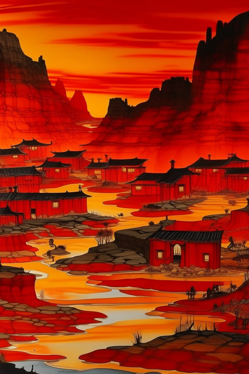 A red Japanese village in a fiery badlands designed in Lascaux cave paintings painted by John Brack