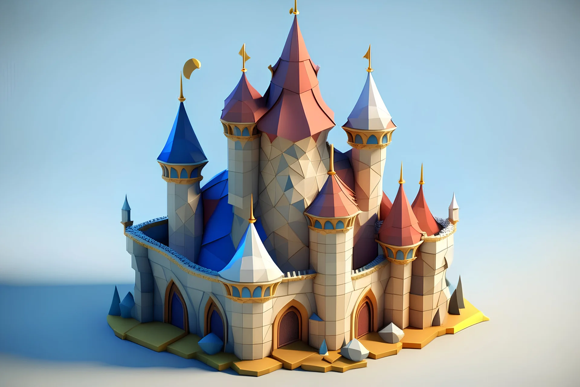 Magic castle, Low poly, Polygon, Geometric, 3D, Artstation, Antoni Gaudi style, Gaudism, Modern Architecture