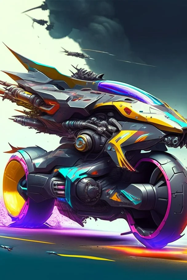 A combination of ultra-advanced car and crazy Max fighter, super sporty, with color and nano technology An advanced motorcycle with four wheels and a turbo jet in the back with rockets and machine guns,At war with humans