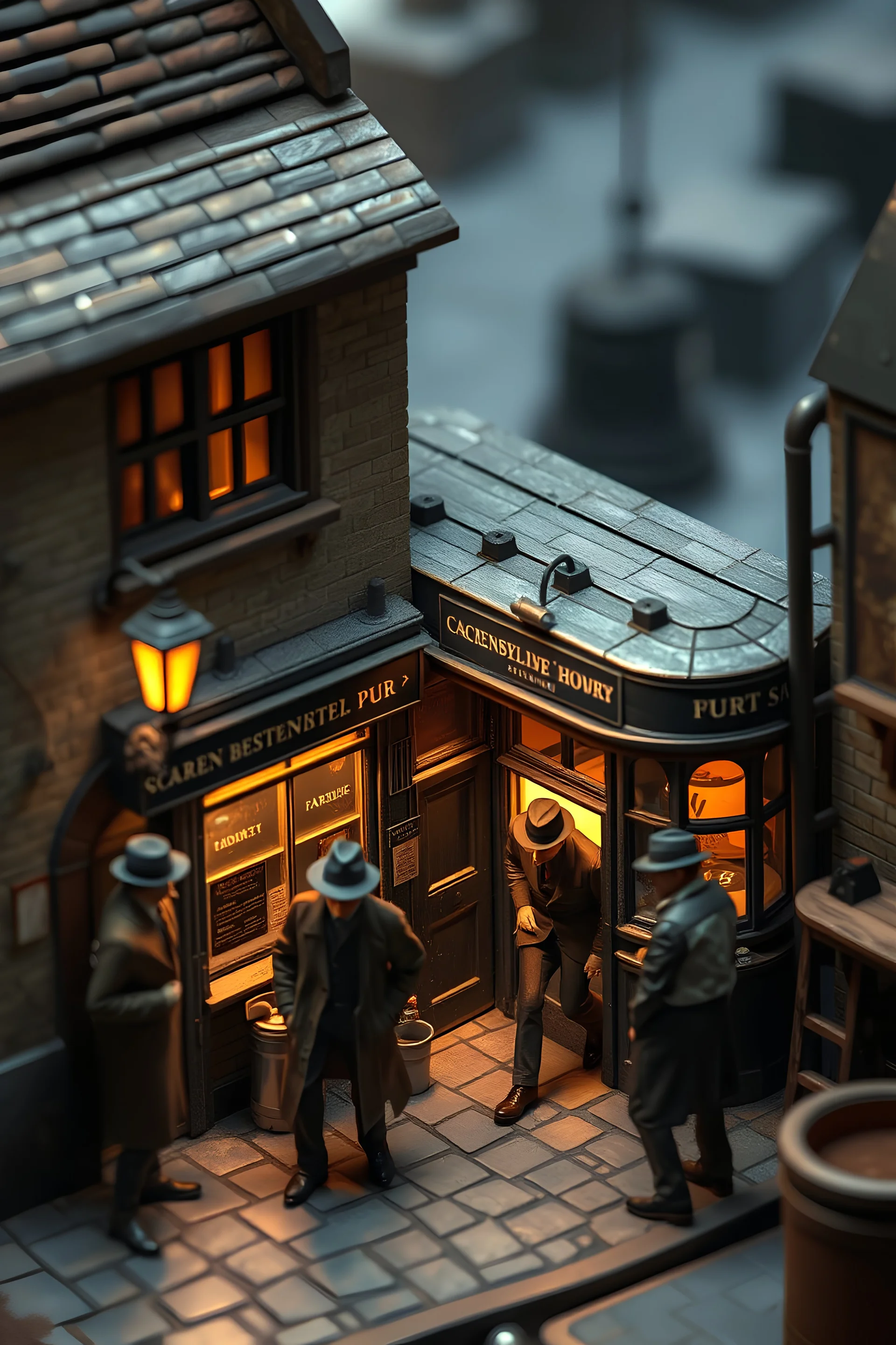 isometric diorama of 1920s secret agents wearing trilby hats and trench coats entering a murky pub in a shady harbour neighbourhood