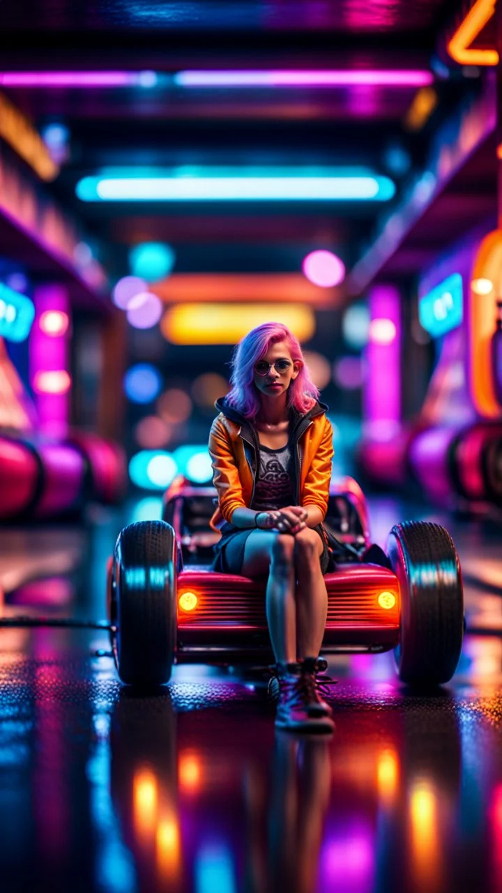 dragster woman sitting on a hipster car parked in dark neon lit reflective wet arcade hall tunnel,bokeh like f/0.8, tilt-shift lens 8k, high detail, smooth render, down-light, unreal engine, prize winning