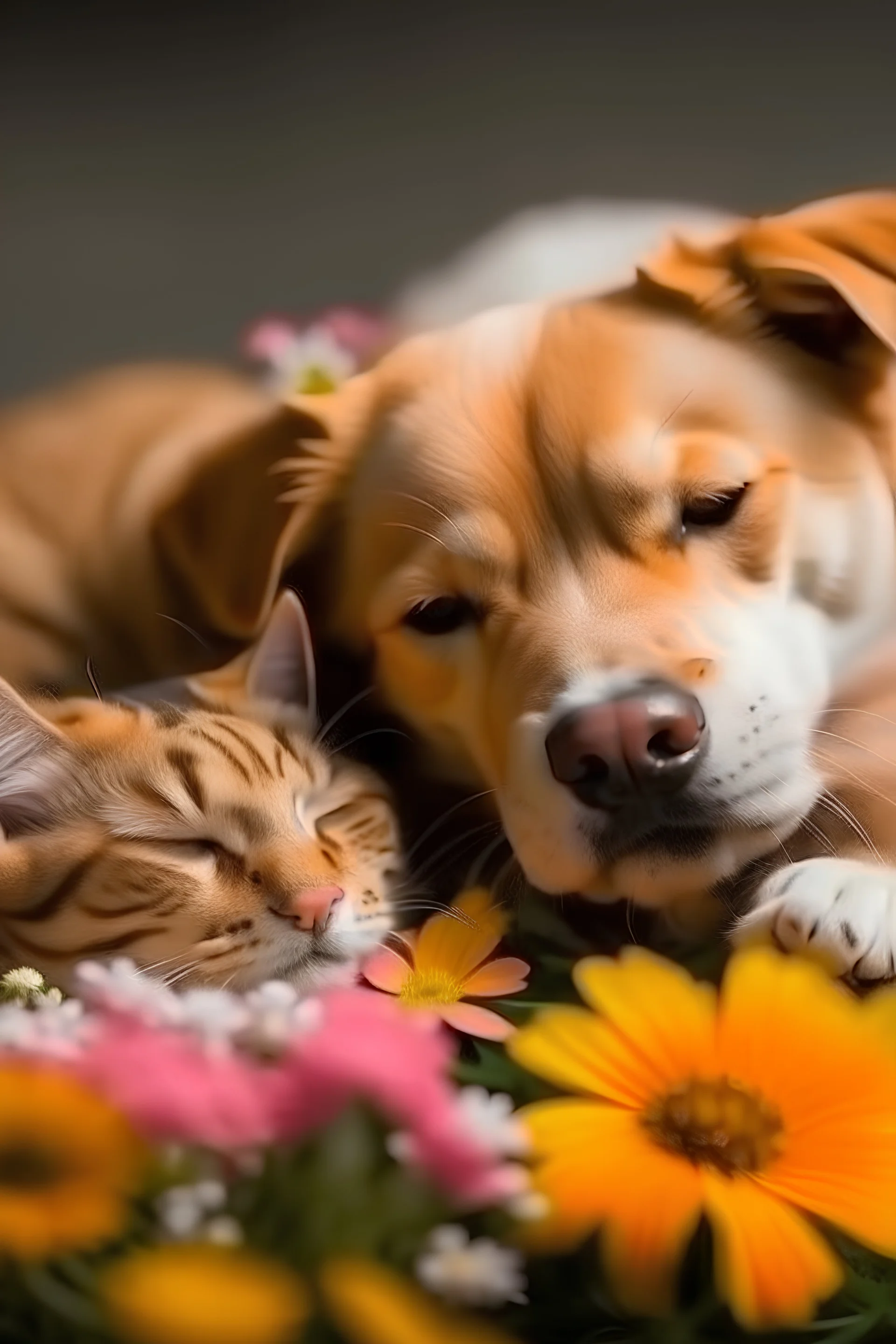 portrait of cute cat and dog sleeping together background fill with flowers