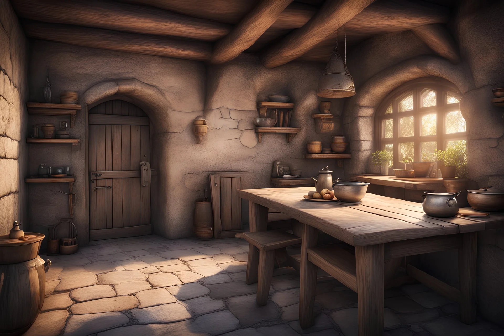 fantasy medieval kitchen with a table and an open door