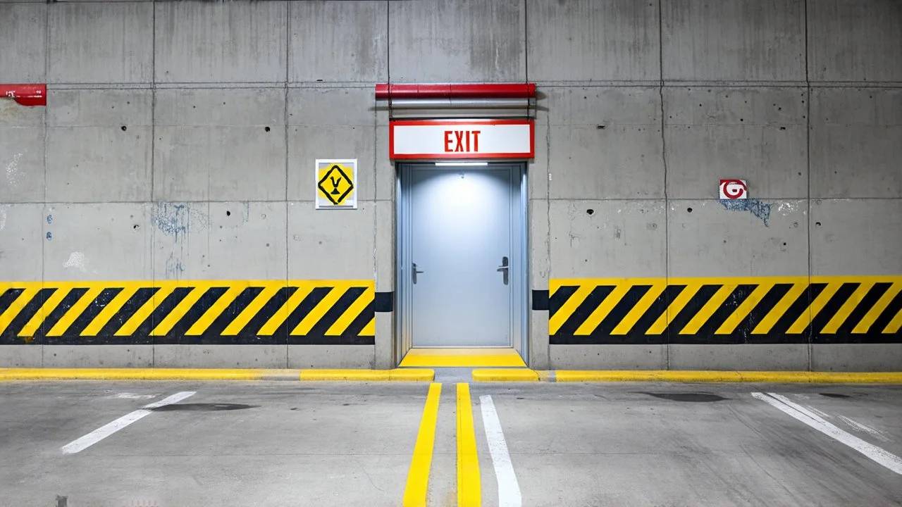 wall design for parking garage, concrete, yellow painted hazard lines, weathering and water stains, in middle is an exit doorway with small window, with a sign is above. rough painted hashmarks and parking lines, add signage found in a parking garage.