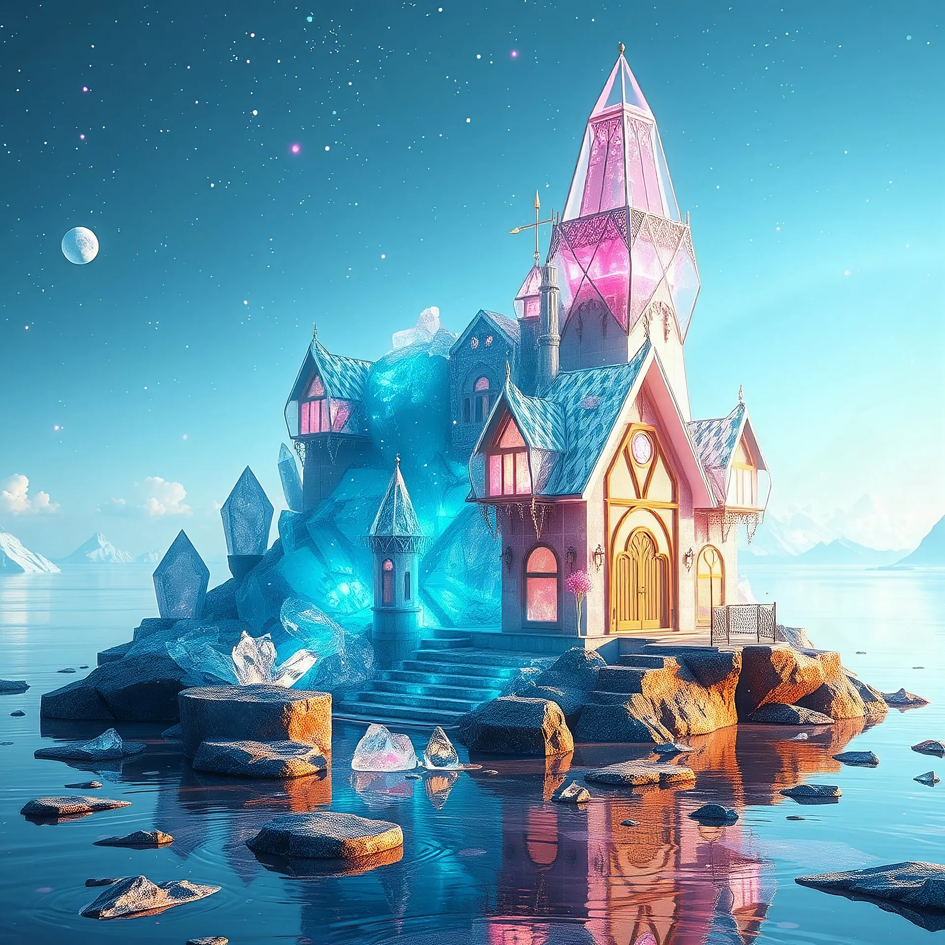 beautiful house cosmic cristal in the futur city cosmic, cristal flowers fantasy, crystal city crystalline in the sky, renderin, room, cosmic, opalescent, 100mm, opalescent, gemstones, crystals, object, other worldly, water, cristal rock, bright, ice backg, portrait of a crystalised blue pink queen, atmospheric, realistic, unreal engine, lighting, octane render.