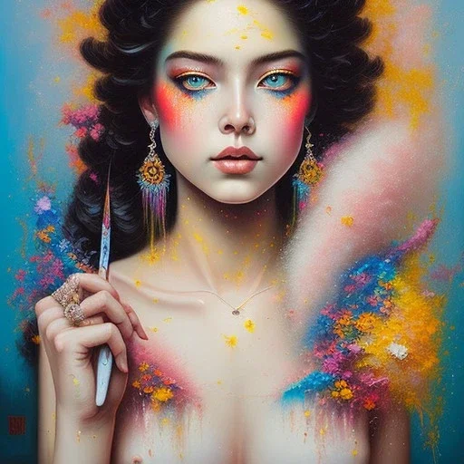 iv_a painting of a young woman, figurative art, an acrylic detailed painting, , brush strokes, paint drips and drabs and splatters by Harumi Hironaka, turquoise pink and yellow, james terrell art, trending on artstation, soft lines,intricate art by bastien lecouffe deharme and greg rutkowski