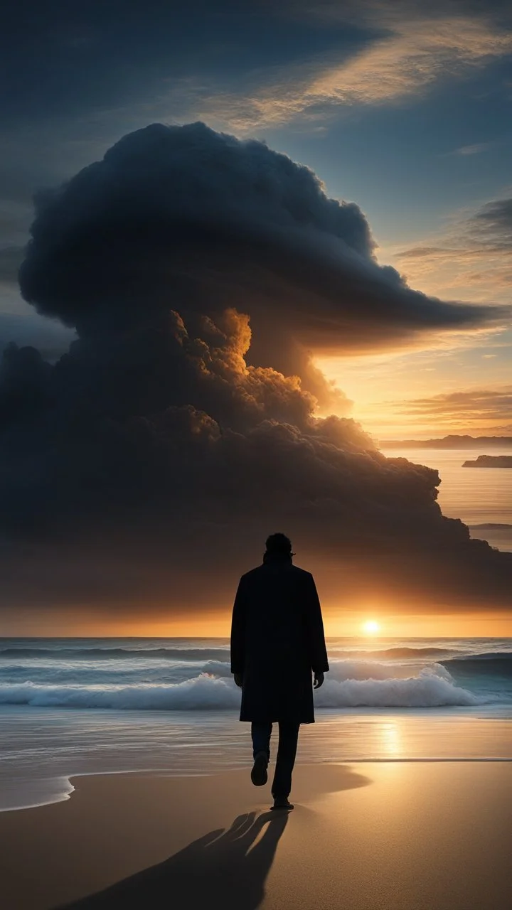 A lone figure walking along a vast, empty beach at sunset, a big creature face appeared in a mysterious cloud ,their silhouette stark against the hyperrealistic sky reminiscent of the work of Halim Ghodbane, with crashing waves rendered in the detail of Jason De Graaf. (combines Halim Ghodbane & Jason De Graaf)