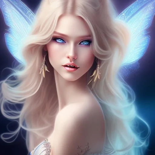 magnifique belle sexy fairy souriante avec de magnifiques ailes et des cheveux longs blonds,yeux bleus