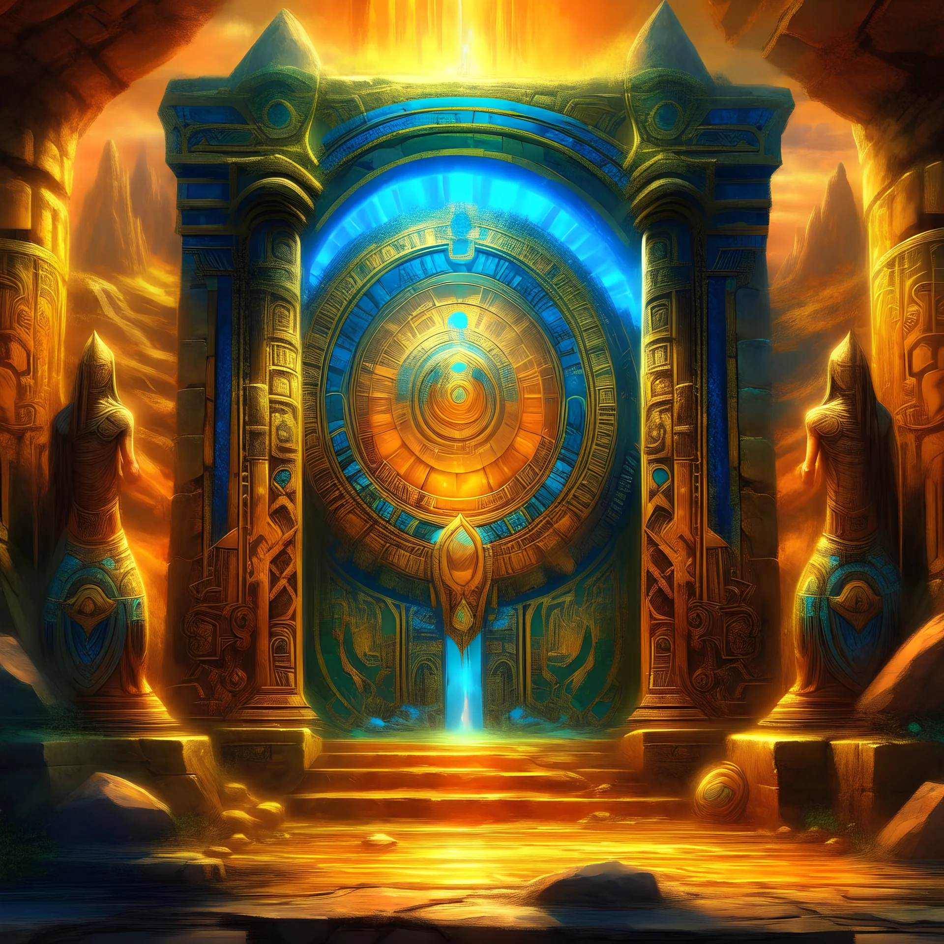 Digital painting of a psychedelic portal revealing an ancient Egyptian civilization influenced by otherworldly entities