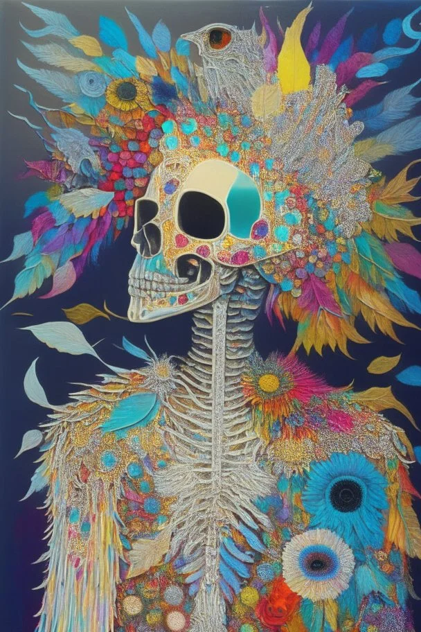 Painting entitled "If you had another hole in your head, your brain would fall out"; neo-surreal skeleton wearing a designer coat of many colors made from mixed media such as feathers, foliage, flowers, gemstones, and shiny sequins that reflect the sun; quilling, award-winning, masterpiece, portfolio piece, fantastical, Intricate, provacative, Hyper-detailed, Holographic, Magnificent, Meticulous, Mysterious