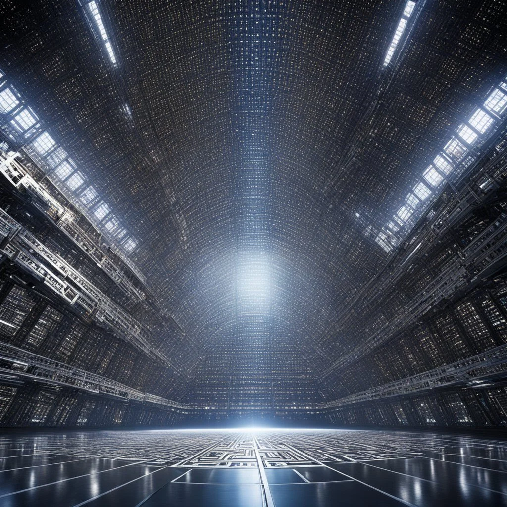 Bigger! Wilder! Whoa! this spaceship, an hybrid between code and metal: a gigantic metallic structure covered by cryptic code. The metallic surface gleams in the space void, reflecting the harsh rays like a mirror. The cryptic code, a language unknown to any human, glows softly, pulsating with an otherworldly energy.