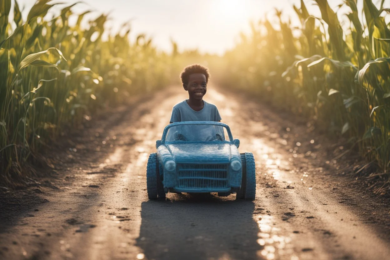 a plastic bottle car made of several plastic bottles on a dirty road next to a corn field in sunshine a little black boy standing happily next to it, ethereal, cinematic postprocessing, bokeh, dof