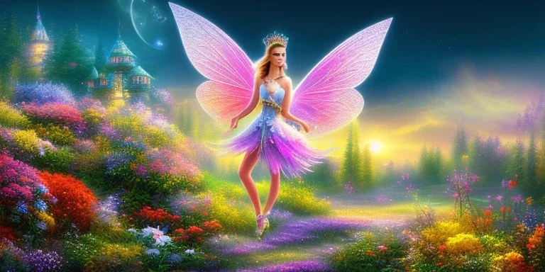 bright fairy, beautiful portrait, flowery landscape