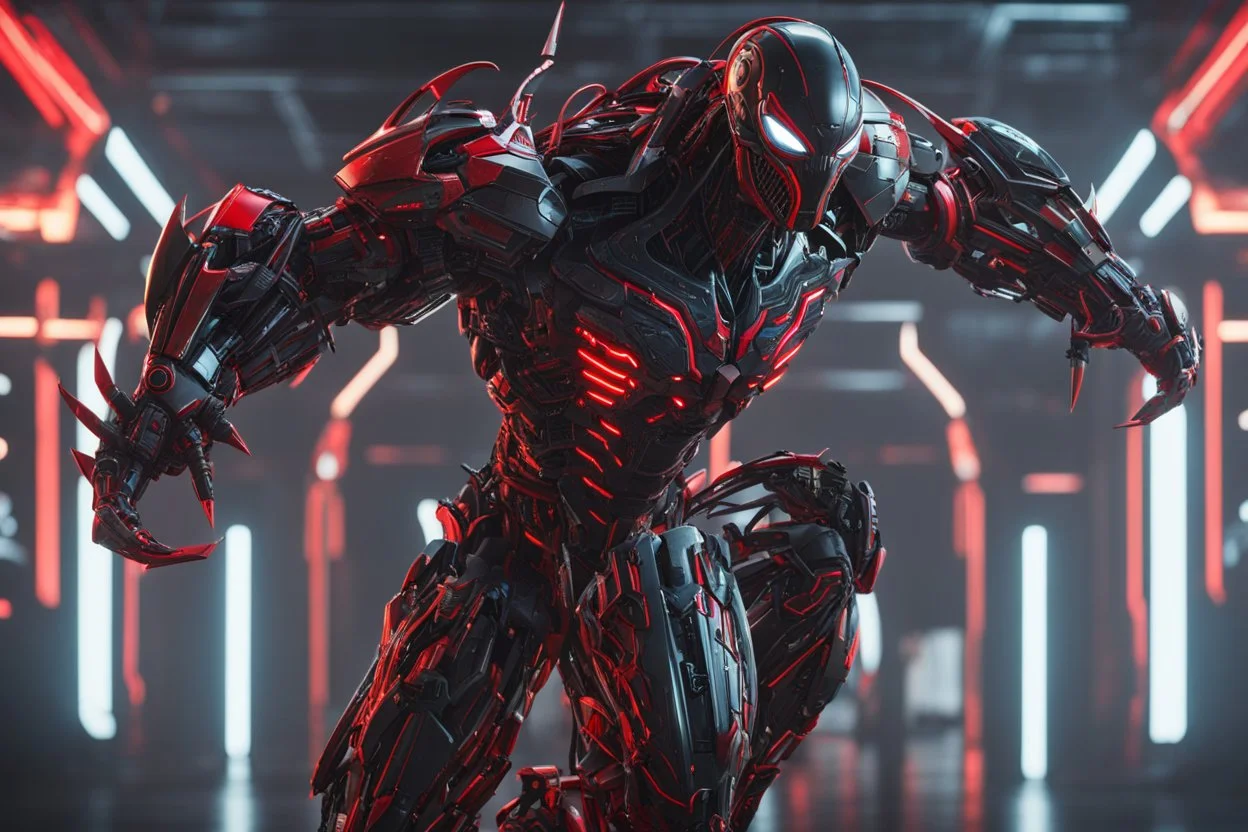 Cyber Machine in 4k realistic cg artstyle, venom them, neon red details, full body, apocalypse, intricate details, highly detailed, high details, detailed portrait, masterpiece,ultra detailed,best quality