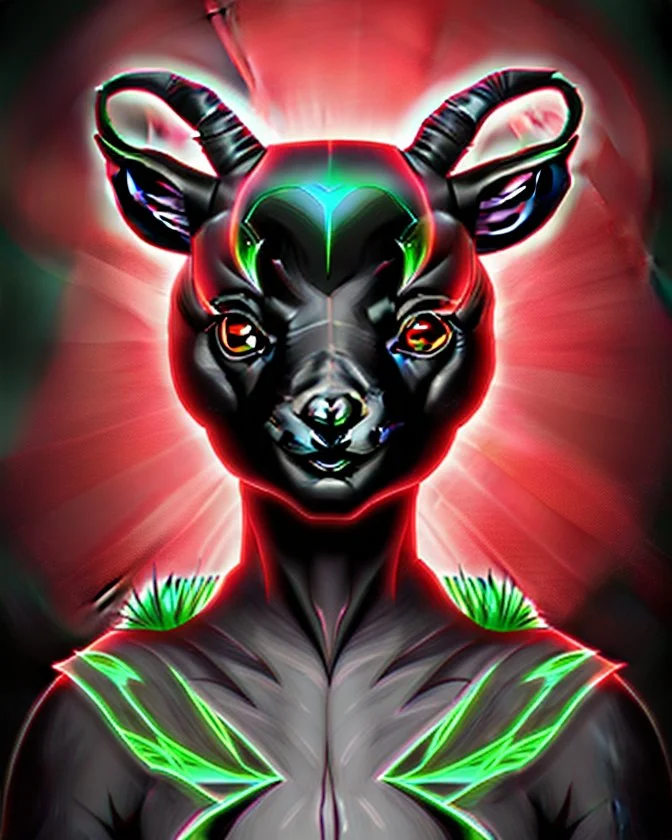 Comic book art style black lamb with red eyes, contrasting green meadow, cartoonist, digital portrait, dark fantasy, black iridescent skin, holographic, shiny, PVC texture, wet look, anime, gothic