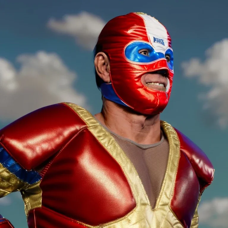 realistic image of joe biden as a mexican wrestling fighter posing, Mexican eyes wrestling mask, red and blue breeches, retro style, 80s, vibrant color, highly detailed, sky background, concept art, unreal engine 5, god rays, ray tracing, RTX, lumen lighting, ultra detail, volumetric lighting, 3d, finely drawn, high definition, high resolution.