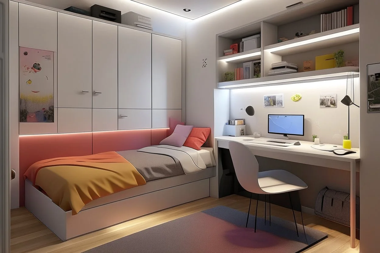 A youthful room with a PC 🖥️ and a bed 🛏️ 190 cm, 90 cm wide, and RGP side lighting.