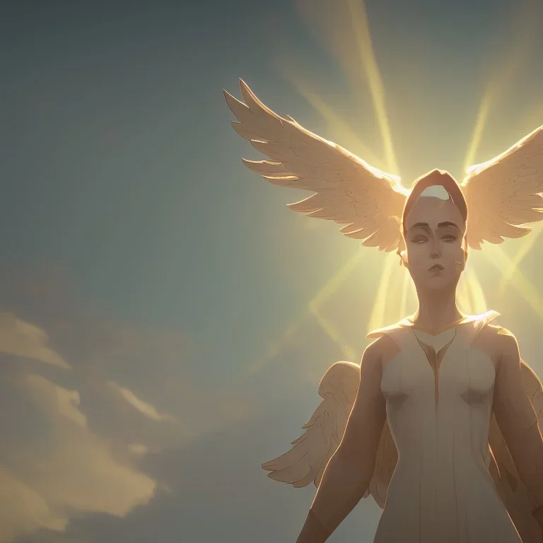 White Angel in Front of the Sun spreading Wings in the sky Clouds