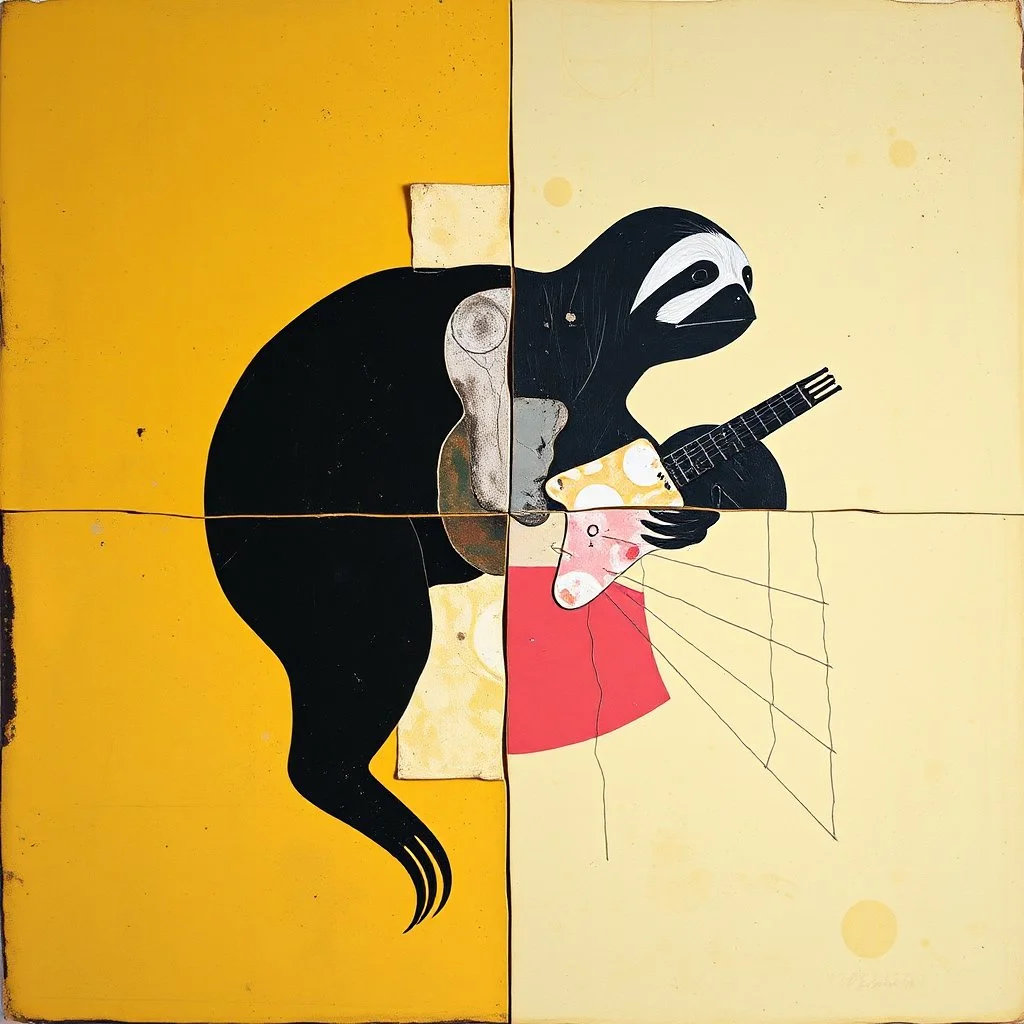 Vitruvian Sloth contrivance, by Colin McCahon and VS Gaitonde, mind-bending image, fragmented, subconscious deconstructivism, dull yellow and black and white and pastel red color scheme