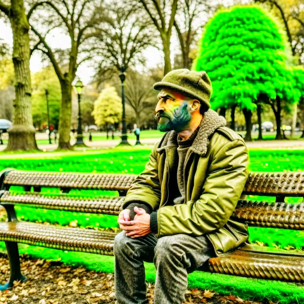 The figure of a man in a park sitting on a bench, thinking about complex issues.