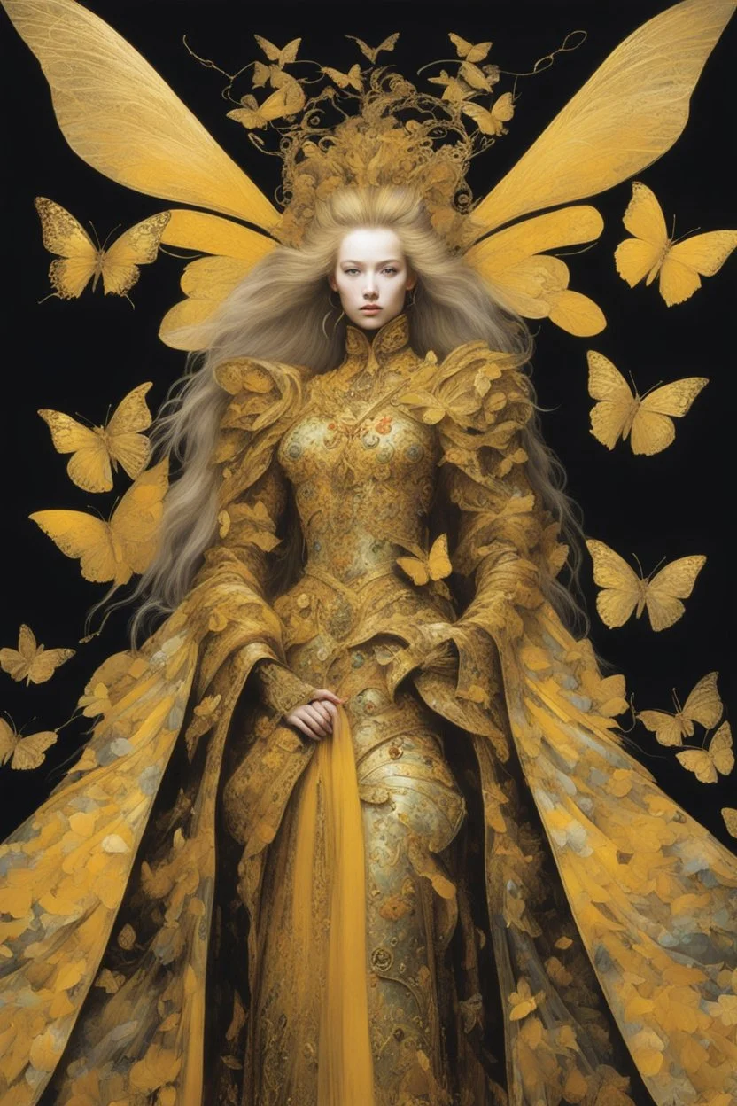 style of Yoshitaka Amano ~ Butterfly Empress, long huge flowing gold hair, yellow eyes. dressed in a cosmic gold plated Armor made of gold butterflies. standing in a room made of butterflies. surrealist. Shades of luminous black and yellow piercing shadow, reminiscent of Beuys and Qian Xuan.