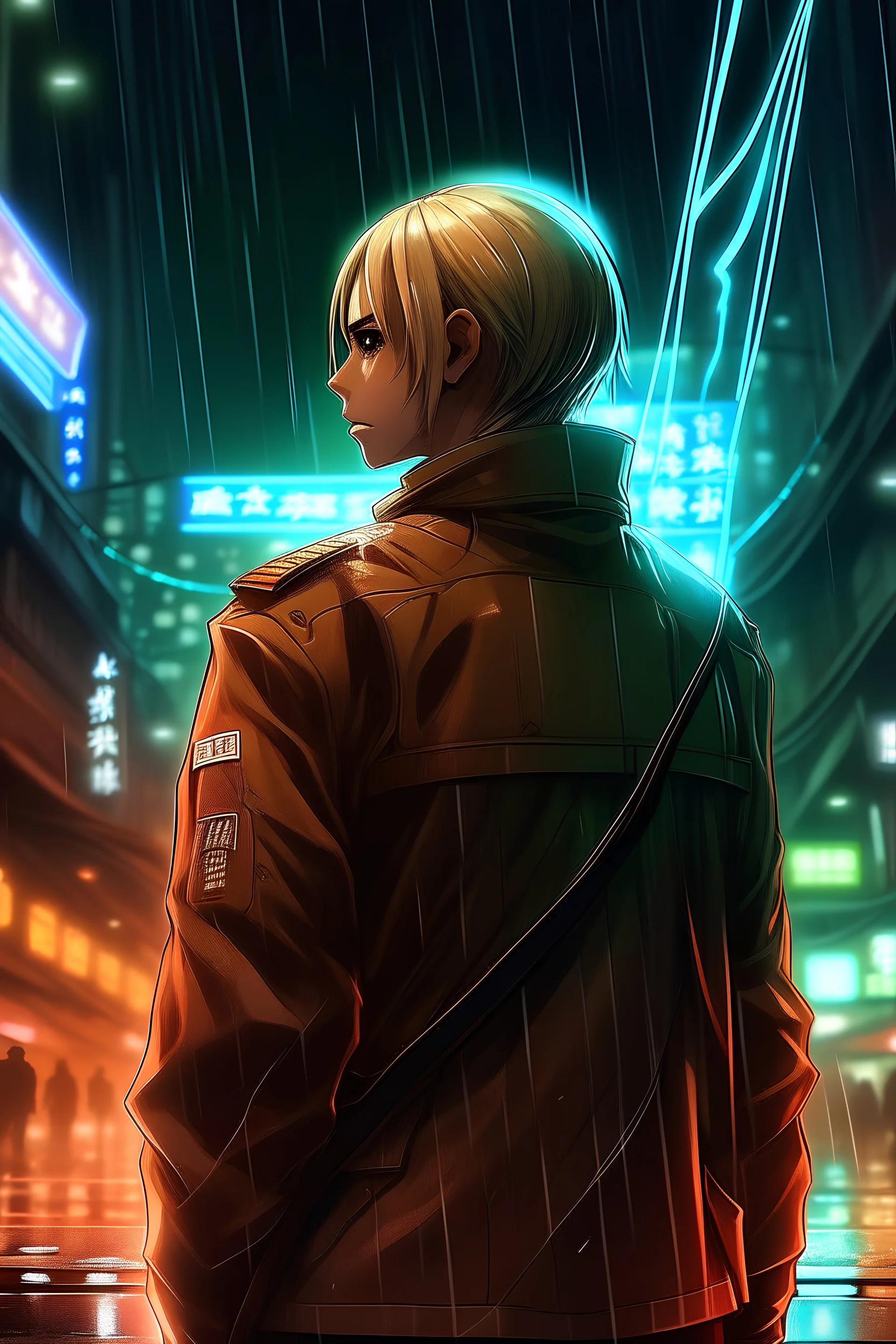 erwin from attack on titan, in tokyo rainy night with neon lights from her back point of view