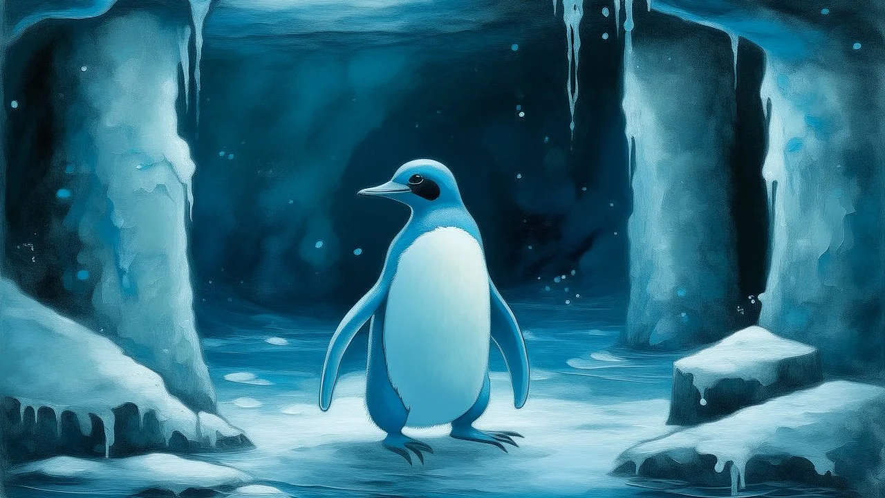 A cyan ice elemental penguin designed in Lascaux cave paintings painted by Ivan Aivazovsky