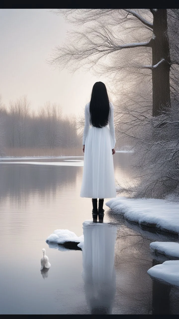 A girl with long black hair wearing a white dress. stands in front of Swan Lake surrounded by snow.cinematic