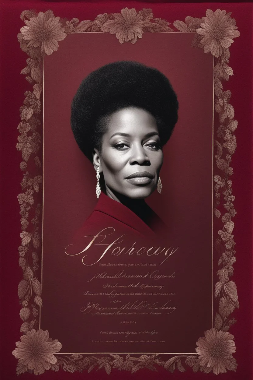 An extremely formal, funeral program written in French for a woman (include a front photograph of a beautiful lightly tanned elderly biracial black woman) on darkest red deeply pigmented velvet paper with brilliant, brightest heavy bright shining platinum calligraphy fonts, simple, minimalistic, less element, very dramatic lighting, brilliant colors,