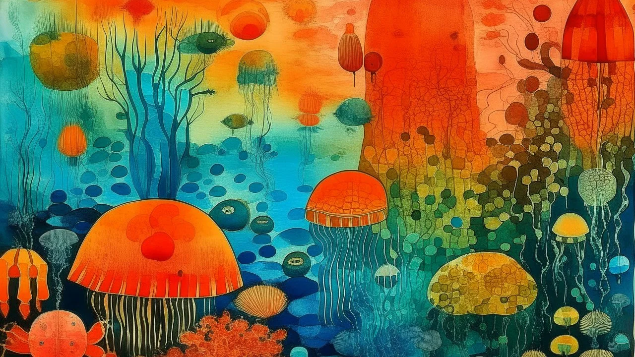 An orange colored underwater reef with jellyfish painted by Paul Klee