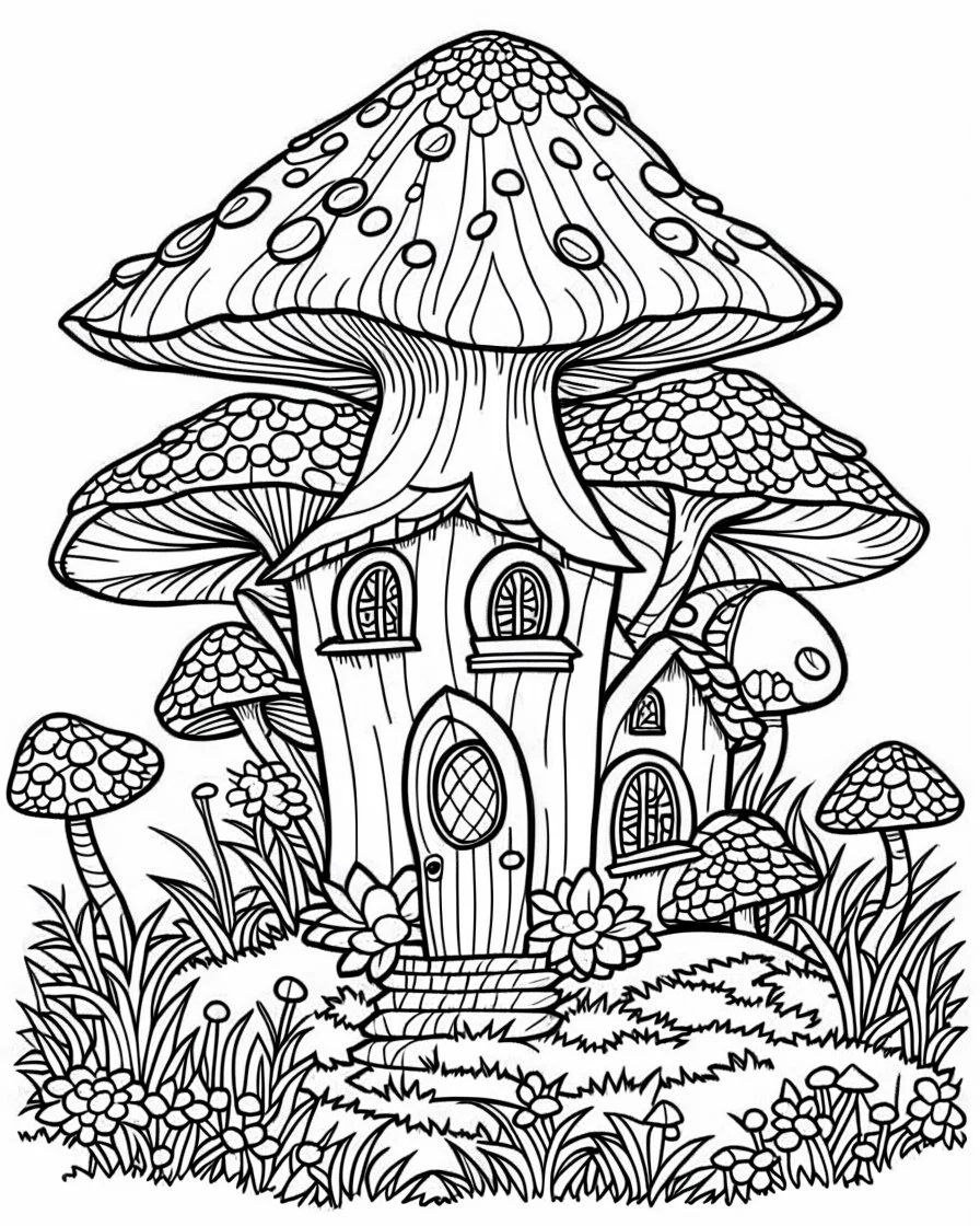 mushroom house ,beautiful forest, no cooler, line art, adult book pages