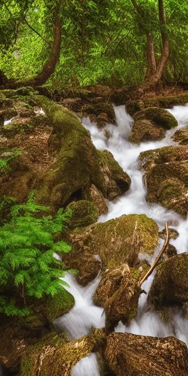 Water flowing in the big-body of tree, realistic-high-definition, detailed, photography.