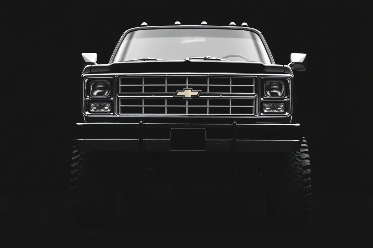 front corner 1973 Chevrolet square body truck 4x4 facing a little to the left, dark gray background, high contrast black and white vector