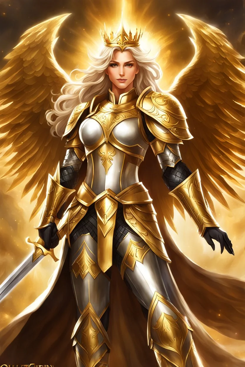 Beautiful Queen angel a mighty paladin stands tall, adorned in gleaming silver armor with intricate gold engravings. The armor is both regal and functional, providing protection while exuding an aura of righteousness. The paladin's face is stern, framed by a flowing mane of golden hair, and their eyes radiate a sense of unwavering determination. Clutched in one hand is a finely crafted pistol, its barrel adorned with sacred symbols. The pistol itself appears to be a blend of traditional craftsma