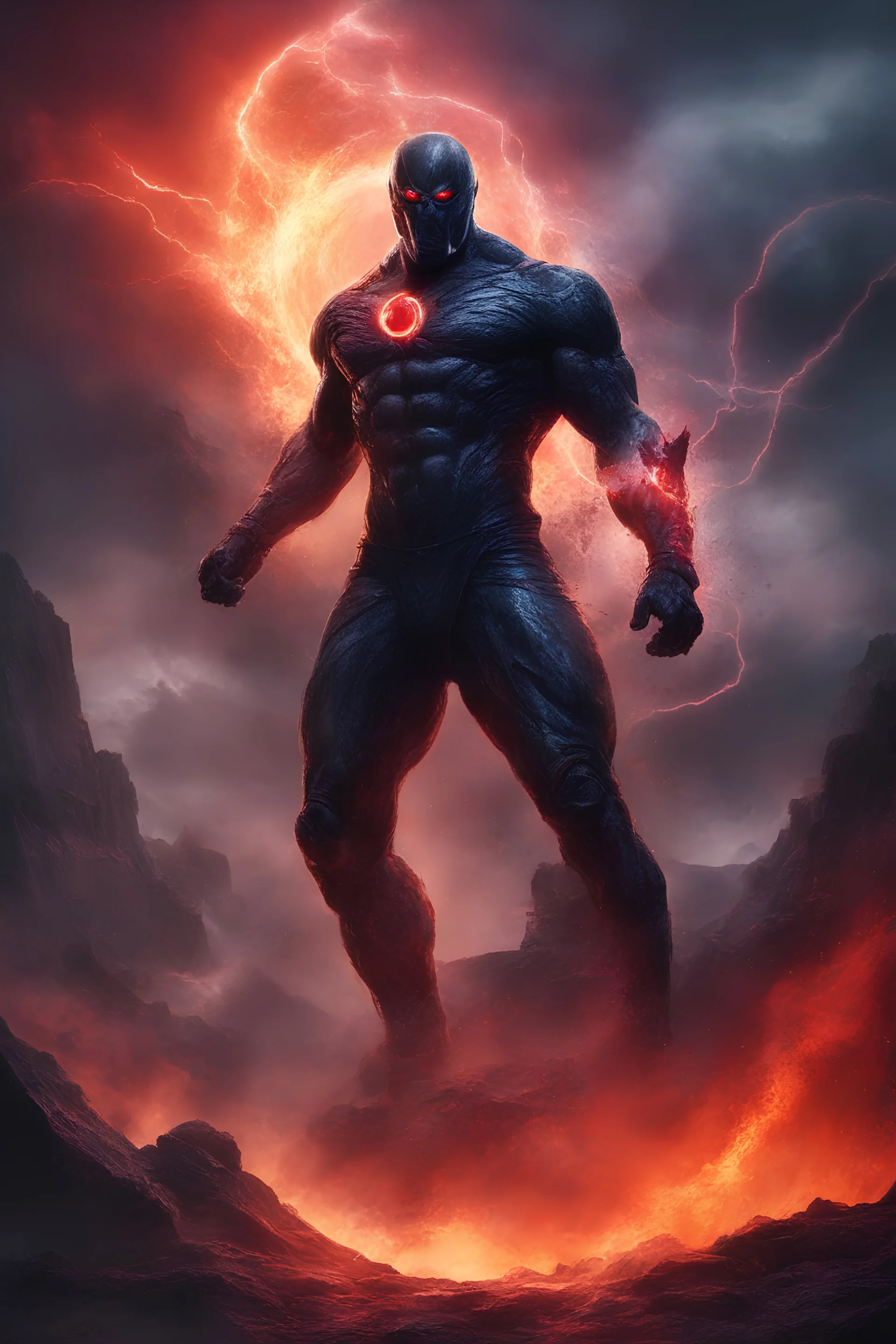 the Phantom, Strong, athletic physique, action poses, battle scars, blood, foggy, cloudy background, multicolored lightning, flowing lava, Full Eclipse, aliens, explosions, bright, vibrant, extremely colorful, detailed, blood red skies