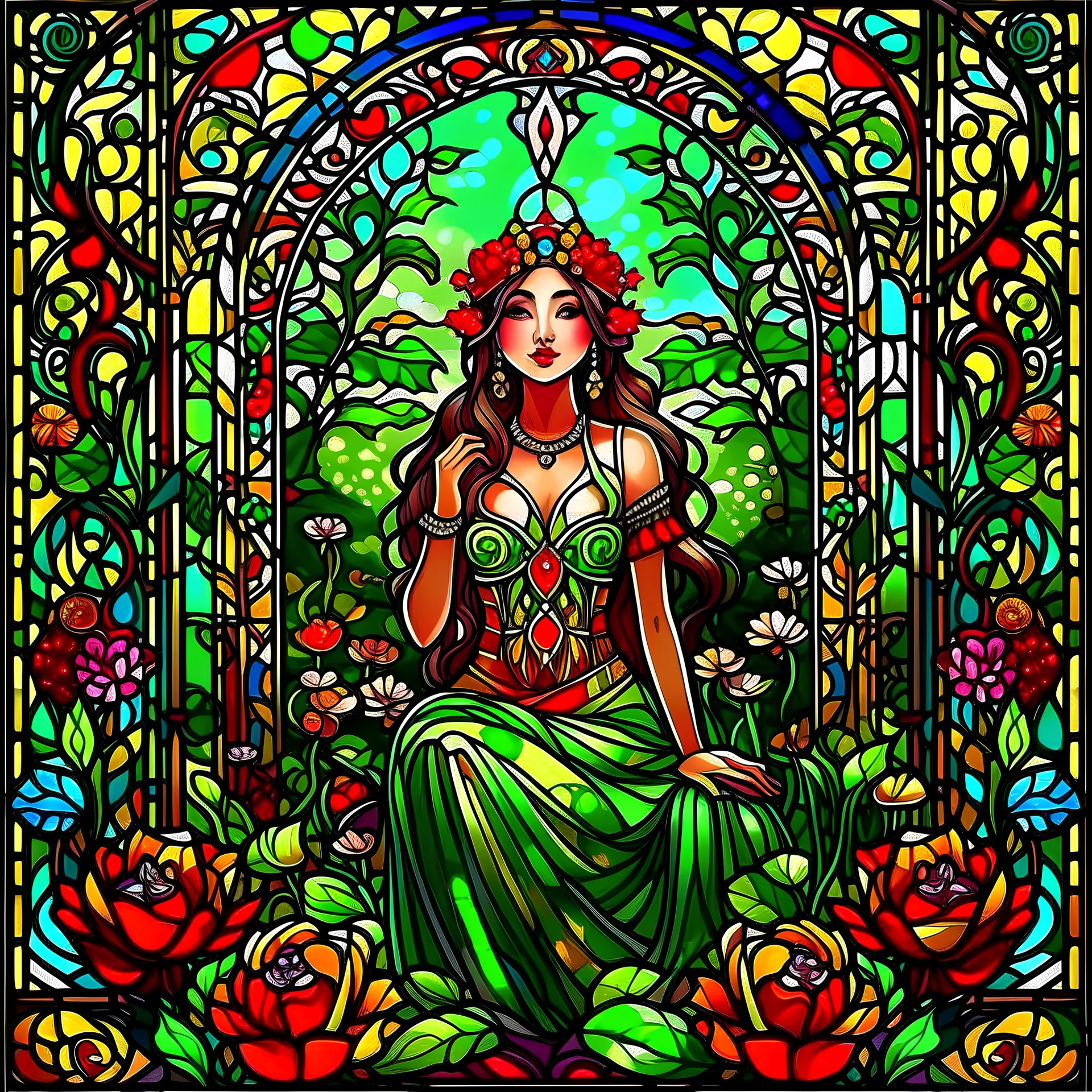 Stained Glass Art Nouveau art style A beautiful as a model asian woodland elf princess who looks like a young Lucy Liu seated on a throne surrounded by poppies and marijuana leaves in a mystical forest, photo-realistic