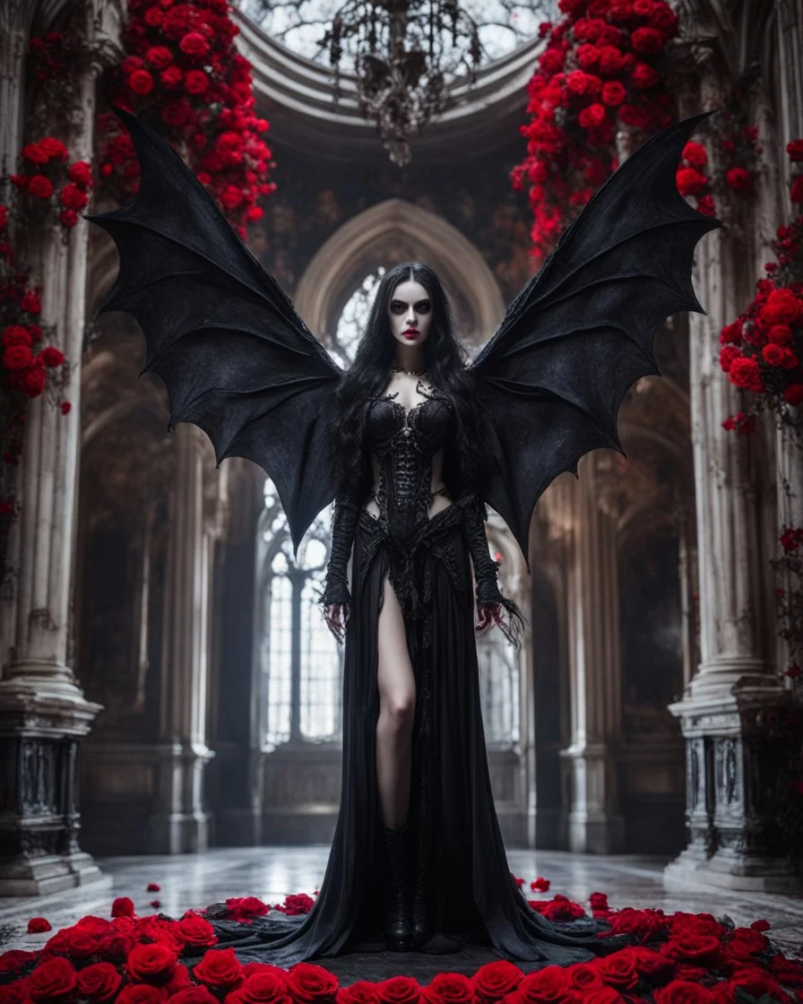 Facing front photography Gothic Art Style realistic Full body,creepy Vampire ghost woman long hair straddle wings bat she on standing on creepy,in mystery palace vampire,red roses flowers sorrounded background,dramatic angle, extreme angle shot, trypophobia, horror