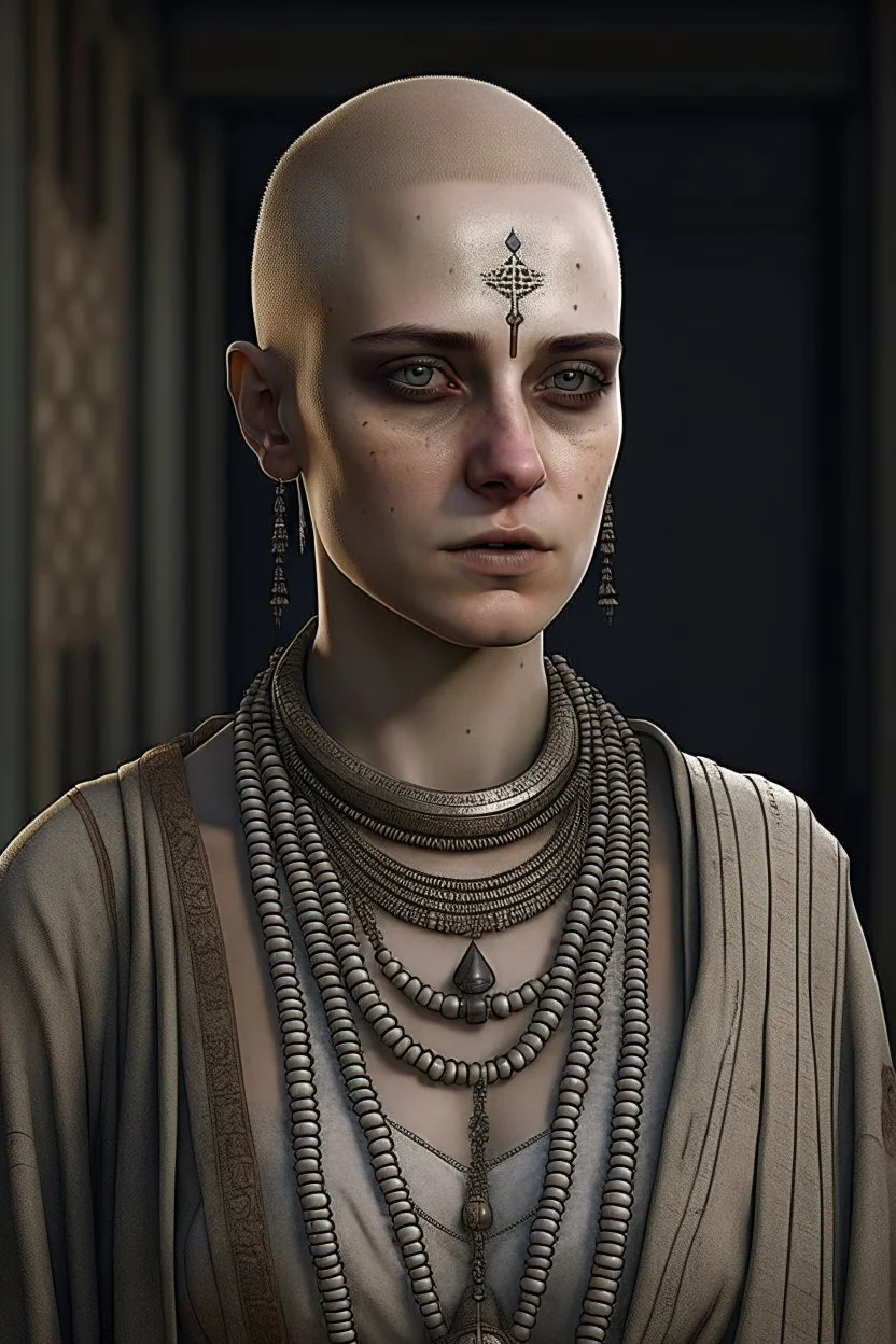 full length, gangly, 22-year old, shaved head, nordic looking grey-eyed female human cleric with a beaded necklace, bare face