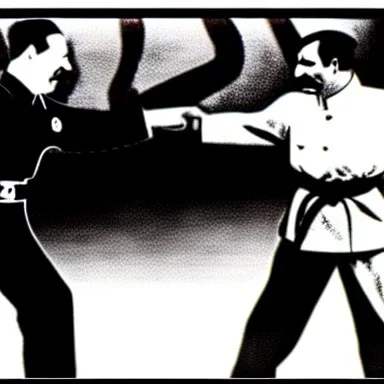 stalin fighting hitler using ultimate ninja techniques and hitler fighting back using karate and modern panzerkampfwagen