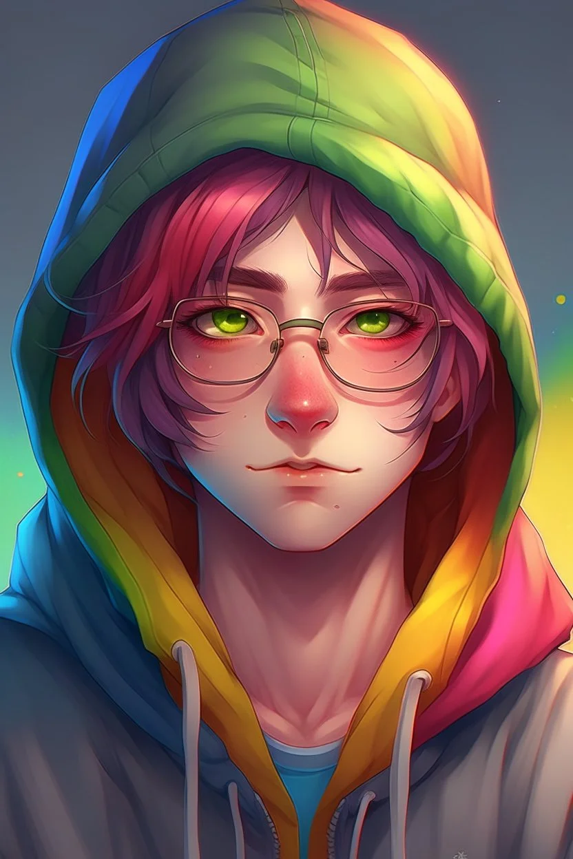 Anime man with glasses, messy rainbow hair, wearing a hooded sweatshirt, realistic